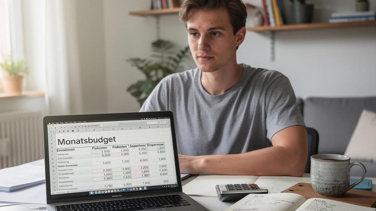 Person plant Budget am Laptop mit Notizen und Taschenrechner